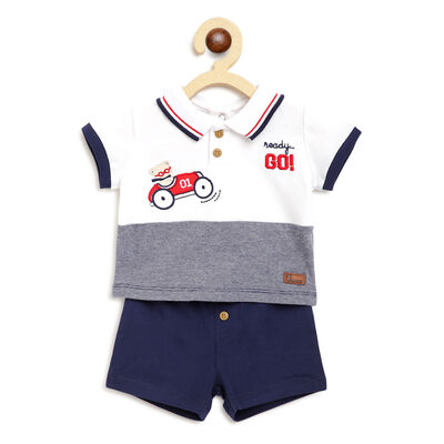 Boys Medium Blue Printed 2 Pc Set Polo with Short Trouser